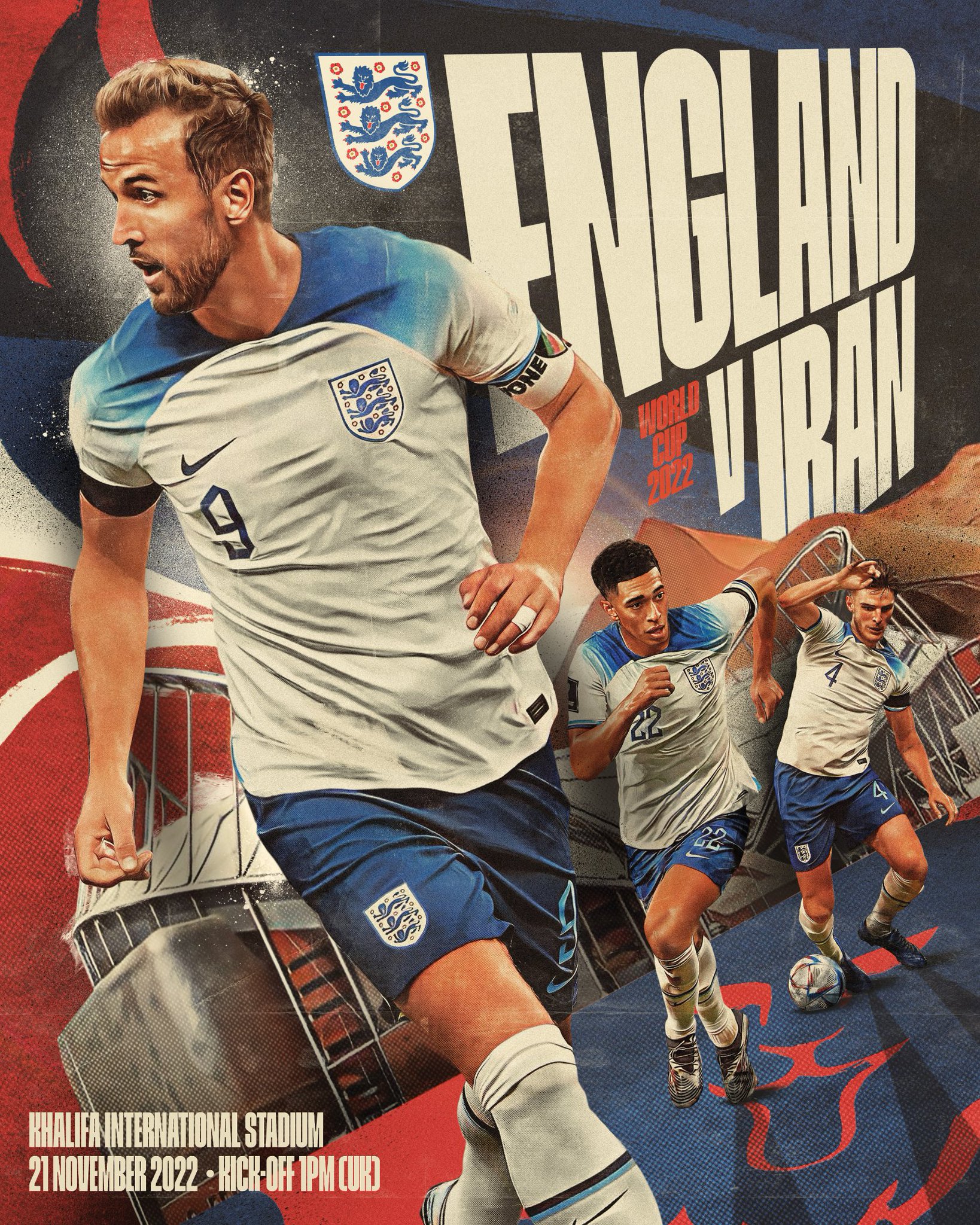 英格兰队发布对阵伊朗海报:凯恩,贝林厄姆,赖斯出镜