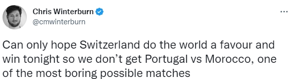 记者:只能希望瑞士赢球,不然葡萄牙踢摩洛哥会非常无聊