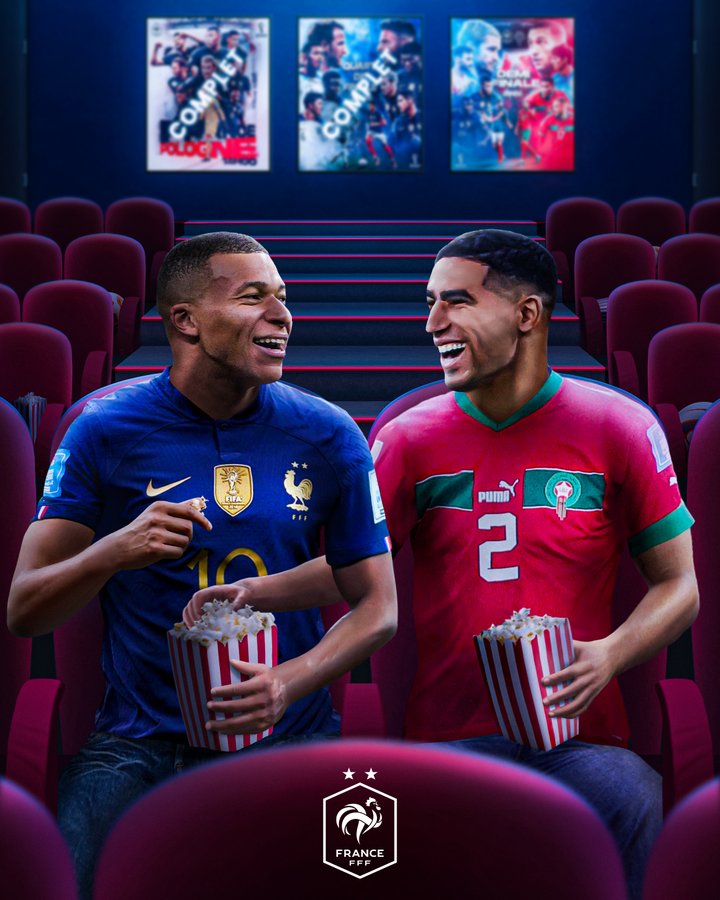 法国队晒vs摩洛哥海报，姆巴佩阿什拉夫交谈甚欢：准备好欣赏比赛