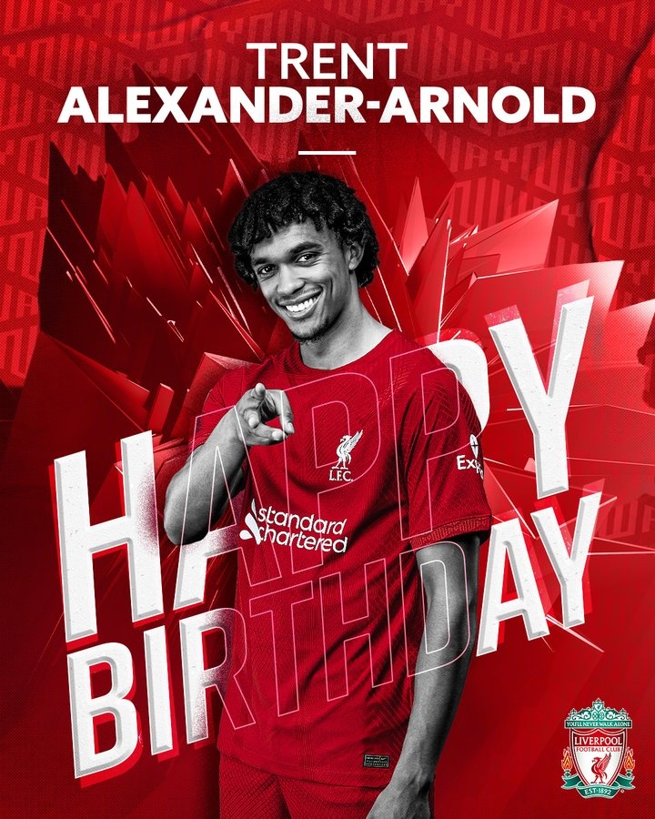 利物浦队阿诺德 阿诺德迎来24岁生日，利物浦发文祝贺这位大满贯的俱乐部青训