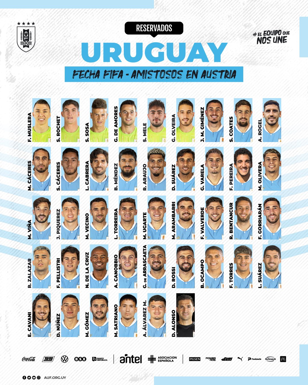 乌拉圭友谊赛大名单：卡瓦尼、苏亚雷斯、努涅斯、巴尔韦德入选