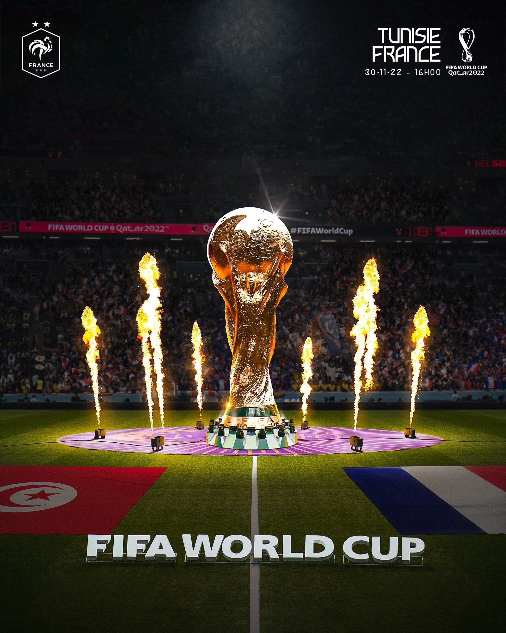 法国队发布对突尼斯海报：大力神杯矗立在球场中央