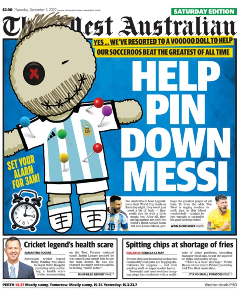 启用巫术,澳媒头版头条呼吁球迷一起用针扎梅西的纸娃娃