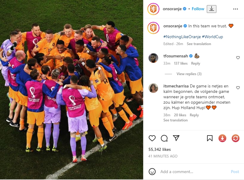 荷兰队照片 荷兰队队员 荷兰队队长 荷兰队合照 荷兰国家队社媒晒图庆祝胜利：我们相信这支团队
