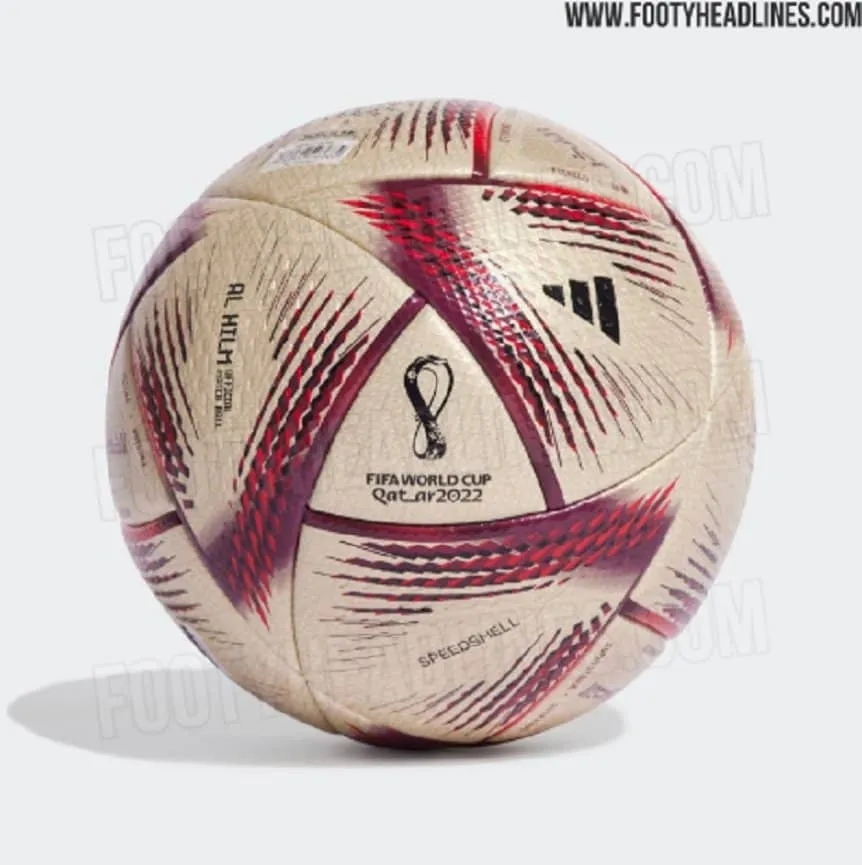 世界杯决赛用球照片泄露：球体为金色底色，搭配勃艮第红紫色花纹