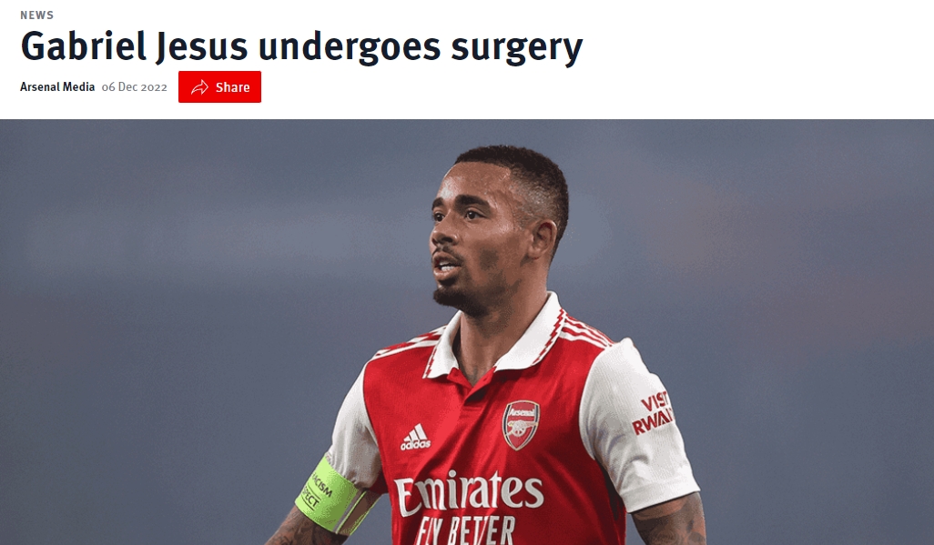 阿森纳官方:热苏斯已接受右膝手术,预计缺席三个月