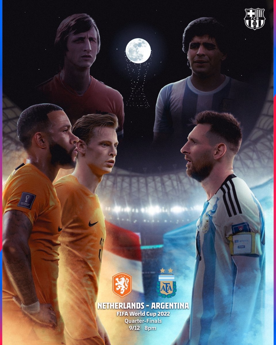 巴萨官推发海报预热荷兰vs阿根廷，梅西、德容、德佩出镜