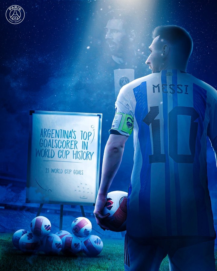 11球！巴黎晒海报祝贺梅西成为阿根廷世界杯最佳射手