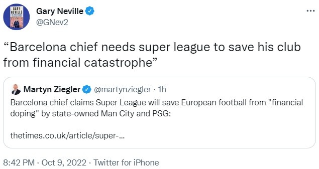 内维尔嘲讽拉波尔塔：欧超拯救欧洲足球？你想救巴萨的财政灾难吧