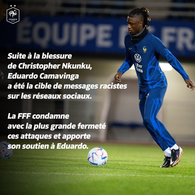 法国队官方：谴责对于卡马文加的种族歧视行为，支持球员