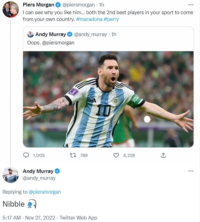 阿根廷赢球后穆雷发文嘲讽摩根,后者回应:懂,老二惺惺相惜