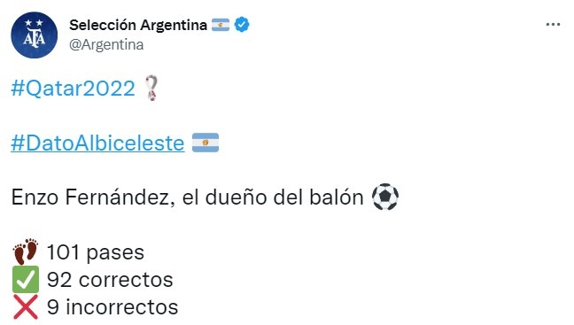 阿根廷17次传球 阿根廷官推称赞恩佐：皮球的主人，101次传球仅9次失误