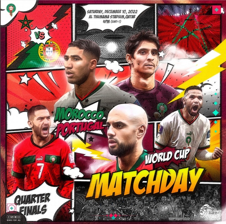 摩洛哥晒对阵葡萄牙海报:阿什拉夫,齐耶赫,阿姆拉巴特出镜